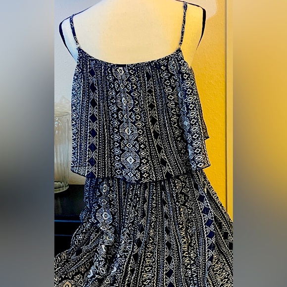 Magic Boho Maxi dress woman’s size medium blue geometric print, ruffled top - Picture 1 of 5
